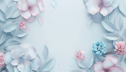 Fototapeta na wymiar Floral frame with soft pink and light blue flowers. Minimalistic 3D celebration design with copy space.