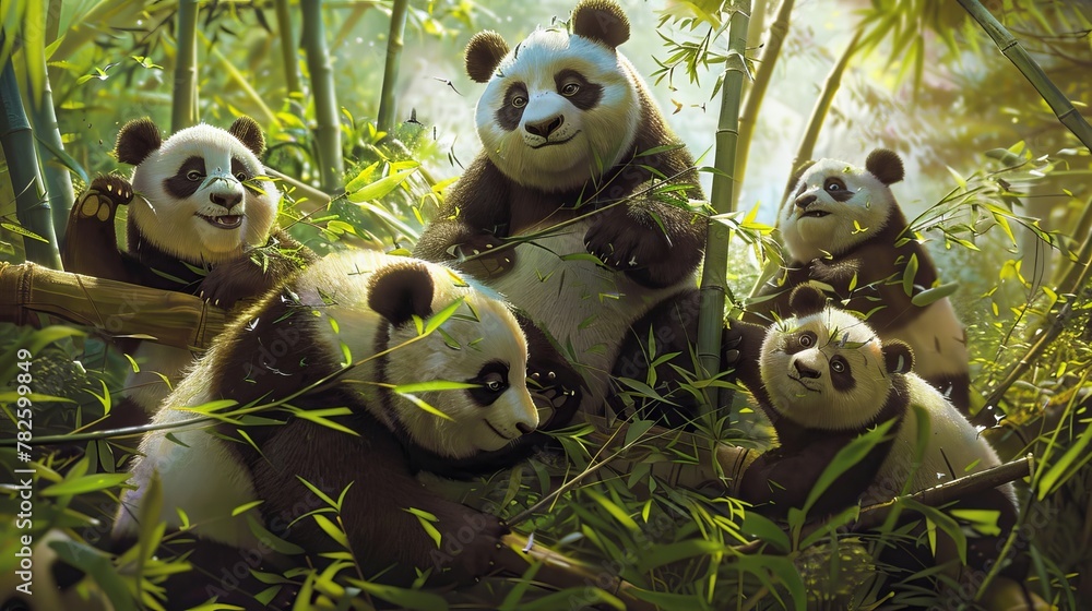 Poster a group of pandas frolicking in a bamboo forest their fluffy fur rendered in vibrant colors ai gener