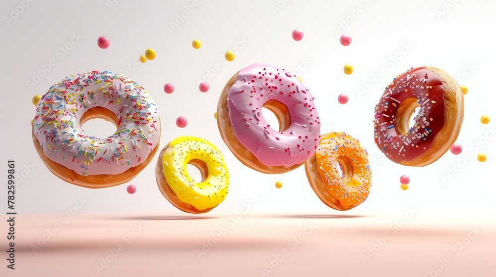 Poster a group of shiny jelly donuts d style isolated flying objects memphis style d render ai generated il