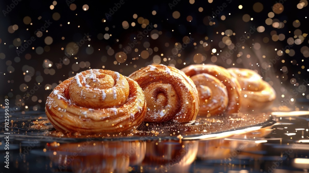 Aufkleber a group of sparkling cinnamon rolls d style isolated flying objects memphis style d render ai genera