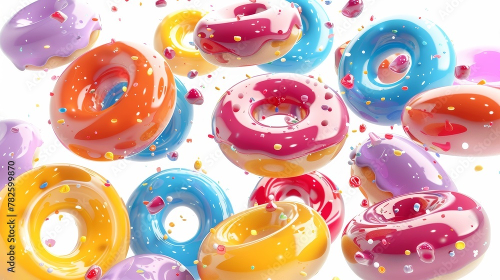 Poster a group of shiny jelly donuts d style isolated flying objects memphis style d render ai generated il