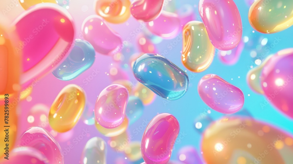 Poster a group of sparkling jelly beans d style isolated flying objects memphis style d render ai generated