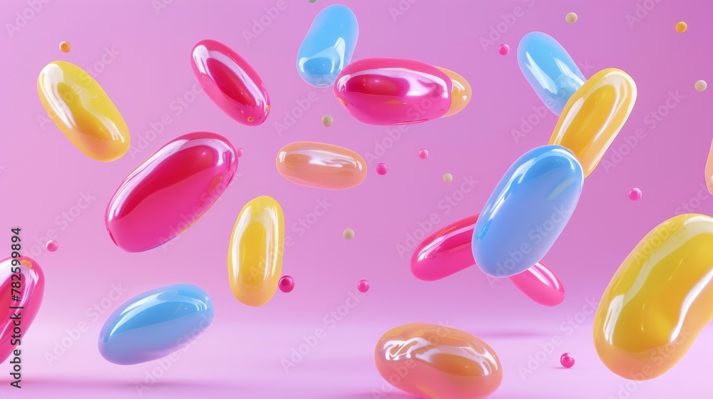 Poster a group of sparkling jelly beans d style isolated flying objects memphis style d render ai generated