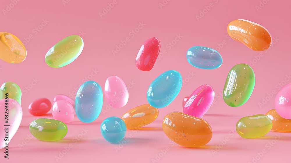 Poster a group of sparkling jelly beans d style isolated flying objects memphis style d render ai generated