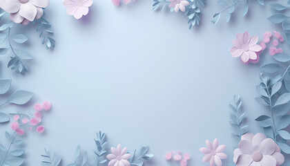 Floral frame with soft pink and light blue flowers. Minimalistic 3D celebration design with copy space.