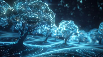 A group of glowing fractal trees rotating elegantly in the emptiness   AI generated illustration - obrazy, fototapety, plakaty