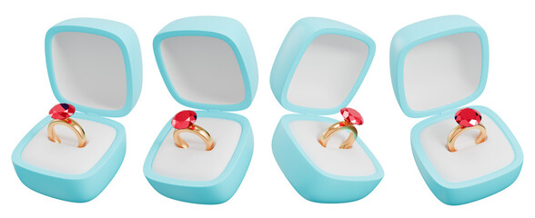 Open blue box with a ruby engagement ring. Golden wedding ring. 3D rendering set.
