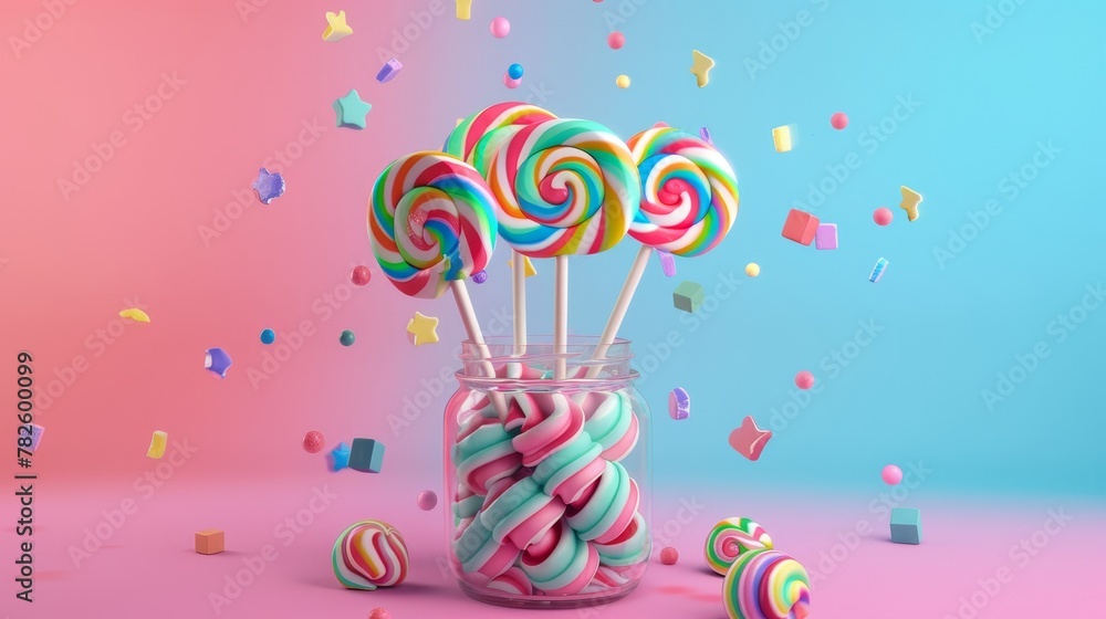 Aufkleber a jar of rainbow swirl lollipops d style isolated flying objects memphis style d render ai generated