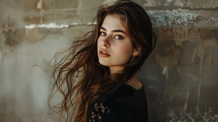 Obraz premium A high-quality fashion shoot featuring a young brunette woman with long hair shot with a Nikon D AI generated illustration