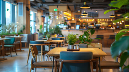 Obraz premium A Serene Haven: Uncluttered Food Court Interior Oasis with Greenery and Sunlight, Encapsulating the Essence of Modern Dining Trends