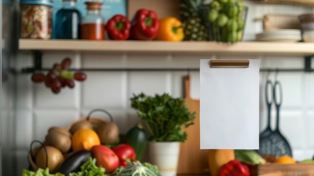 Blank mockup of a blank sticky note attached to a fridge with a grocery list written on it. .