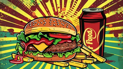 Foto op Canvas Retro Pop Art: A Colorful Burst of Flavors - Hamburger, Fries, Cola and a Vibrant Vector Background in Comic Style, Celebrating the Excitement of Fast Food Concepts © Tharshan