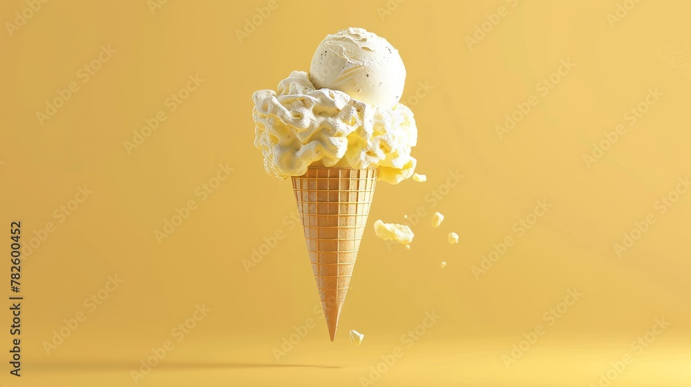 Poster A melty scoop of ice cream in a cone d style isolated flying objects memphis style d render   AI generated illustration