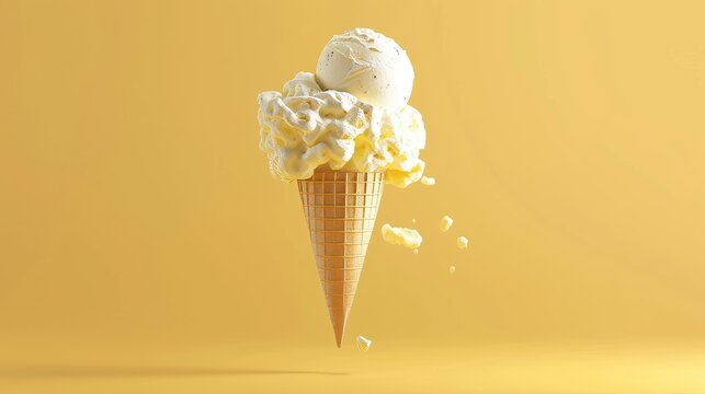 A melty scoop of ice cream in a cone d style isolated flying objects memphis style d render   AI generated illustration