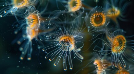 A timelapse image of ciliates gathering together to form a beautiful and synchronized mass of dancing creatures showcasing the impressive - obrazy, fototapety, plakaty