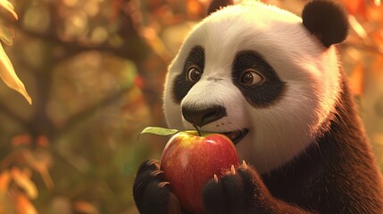 A panda bear munching on a juicy apple its fur rendered in exquisite detail  AI generated illustration - obrazy, fototapety, plakaty