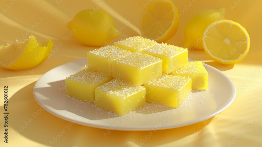 Poster a plate of lemon bars d style isolated flying objects memphis style d render ai generated illustrati
