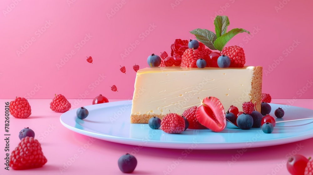 Poster a plated slice of cheesecake with fresh berries d style isolated flying objects memphis style d rend
