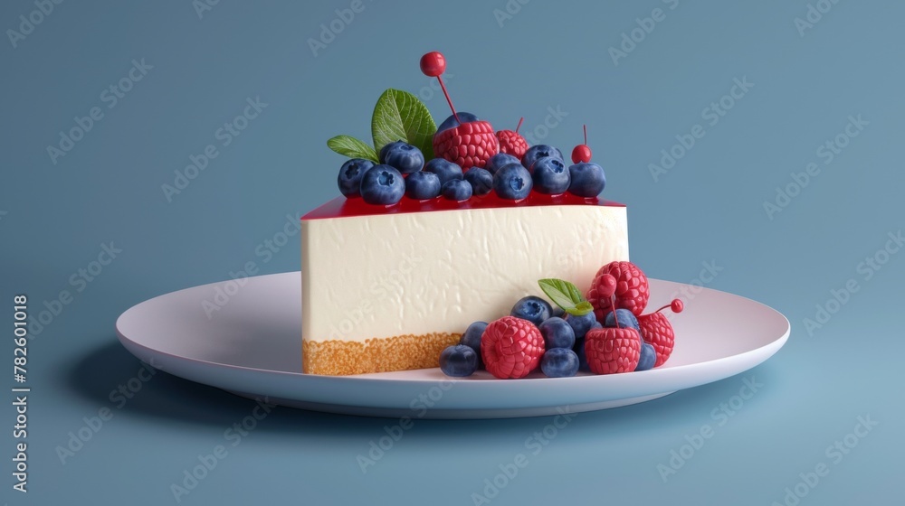 Poster a plated slice of cheesecake with fresh berries d style isolated flying objects memphis style d rend