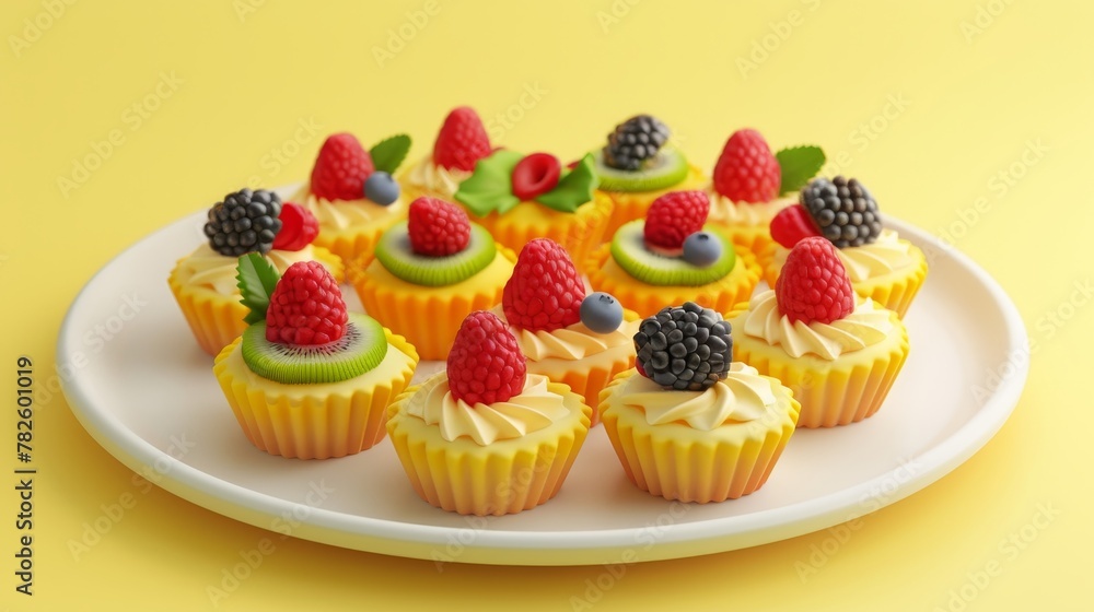 Poster a plate of fruit tarts d style isolated flying objects memphis style d render ai generated illustrat