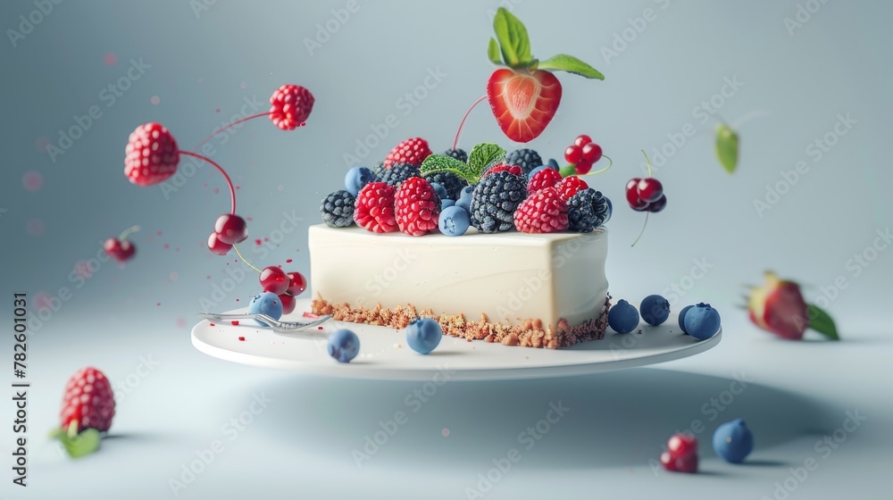 Poster a plated slice of cheesecake with fresh berries d style isolated flying objects memphis style d rend