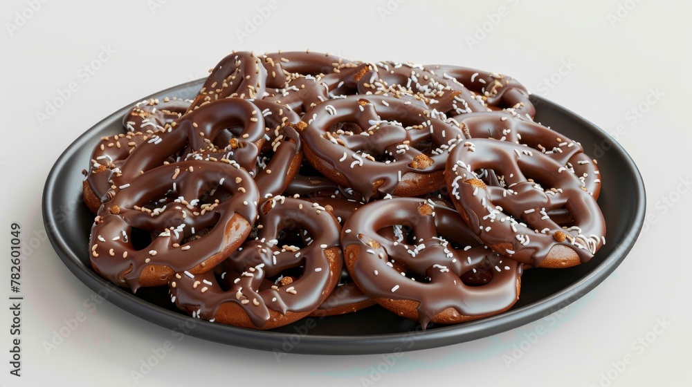 Poster a platter of chocolate-dipped pretzels d style isolated flying objects memphis style d render ai gen