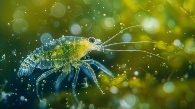 A magnified image of a copepod a small aquatic crustacean gracefully swimming through a sea of phytoplankton.