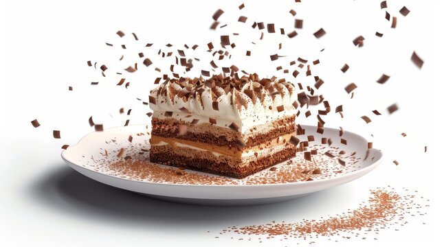 A plated slice of tiramisu with chocolate shavings  d style isolated flying objects memphis style d render   AI generated illustration