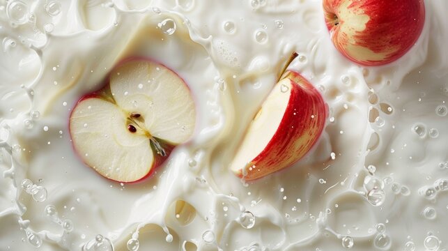 A pool of milk surrounding a split apple   AI generated illustration