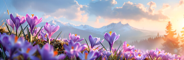 Wild purple crocus blooming in spring field. Crocus heuffelianus or saffron flowers. Springtime...