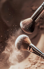 Two makeup brushes in the air with makeup powder flying around them. Makeup brushes with powder in the air against a neutral color background.