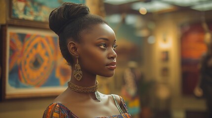 A woman with a stylish updo is captured in a warmly lit space, surrounded by art, wearing vibrant cultural attire