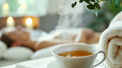 The focus of the image is on a cup filled with herbal tea steaming gently as the patient sips it during their massage therapy session. The the can be seen in the background explaining . - obrazy, fototapety, plakaty