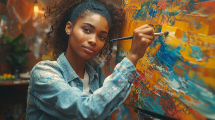 Talented Female Artist Works on Abstract Oil Painting, Using Paint Brush She Creates Modern...