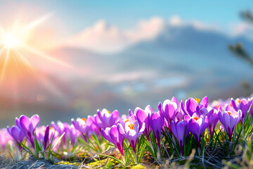 Wild purple crocus blooming in spring field. Crocus heuffelianus or saffron flowers. Springtime landscape.  Beautiful morning with sunlight. Floral background for card, banner, poster with copy space