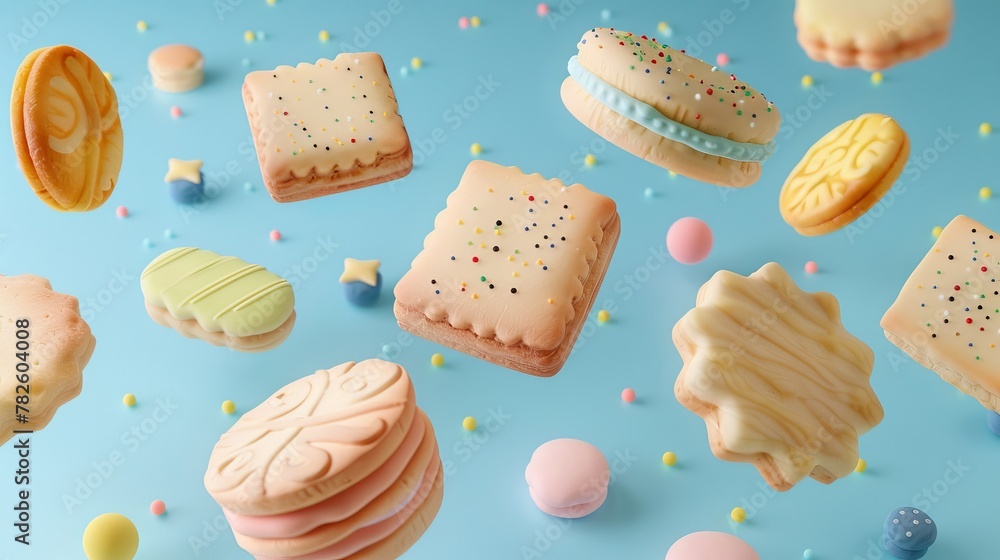 Poster a selection of sugary shortbread cookies d style isolated flying objects memphis style d render ai g