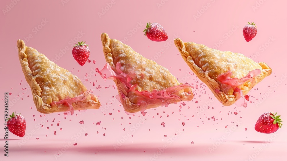 Poster a series of flaky strawberry turnovers d style isolated flying objects memphis style d render ai gen