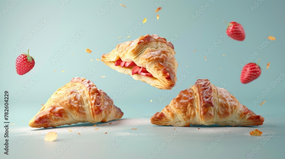 Poster a series of flaky strawberry turnovers d style isolated flying objects memphis style d render ai gen