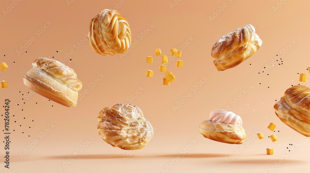 Aufkleber a series of flaky pastries d style isolated flying objects memphis style d render ai generated illus