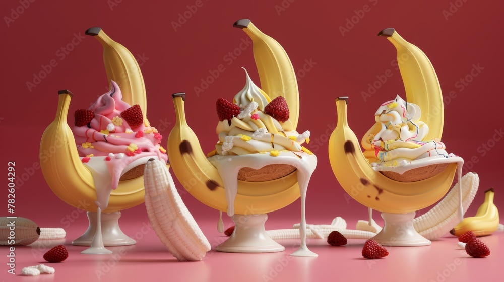 Poster a set of tantalizing banana splits d style isolated flying objects memphis style d render ai generat
