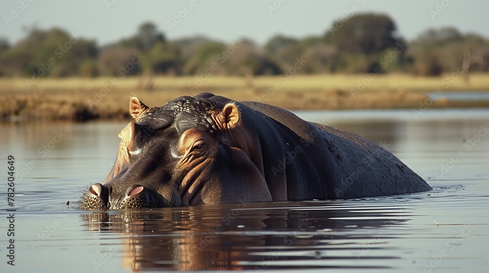 Poster a sleepy hippo lounging in a shallow pool its massive bulk floating with grace in the water ai gener