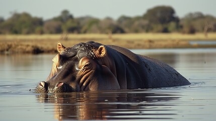 A sleepy hippo lounging in a shallow pool its massive bulk floating with grace in the water   AI generated illustration