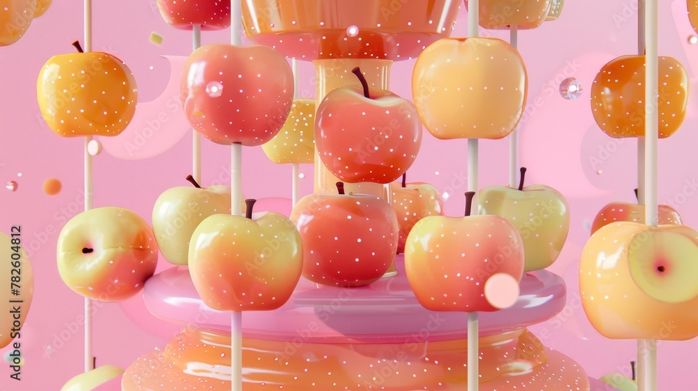 Poster a spinning carousel of candy-coated apples d style isolated flying objects memphis style d render ai