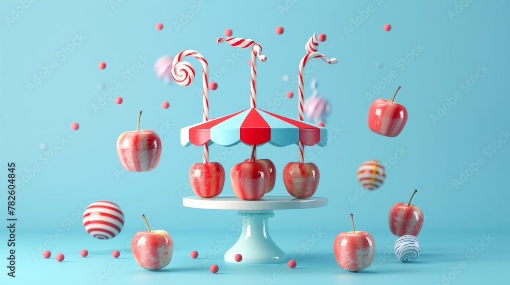 Poster a spinning carousel of candy-coated apples d style isolated flying objects memphis style d render ai