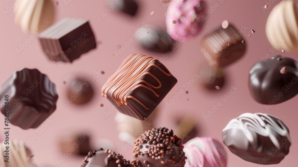 Poster a spread of assorted chocolates d style isolated flying objects memphis style d render ai generated 