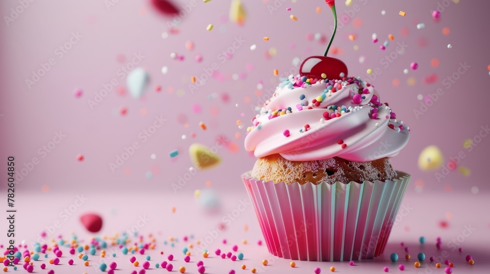 Poster a sprinkle-covered cupcake with a cherry on top d style isolated flying objects memphis style d rend