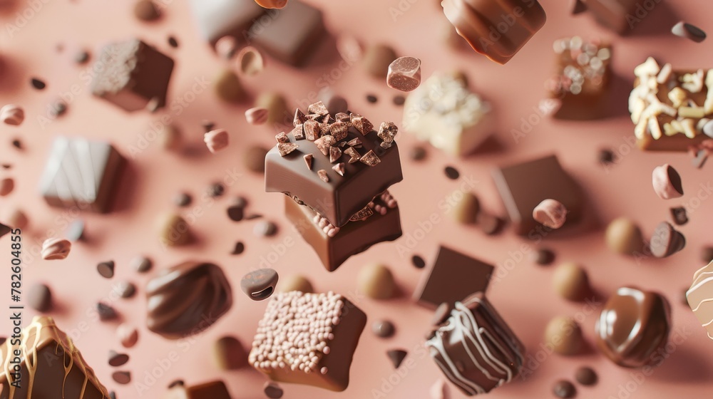 Poster a spread of assorted chocolates d style isolated flying objects memphis style d render ai generated 