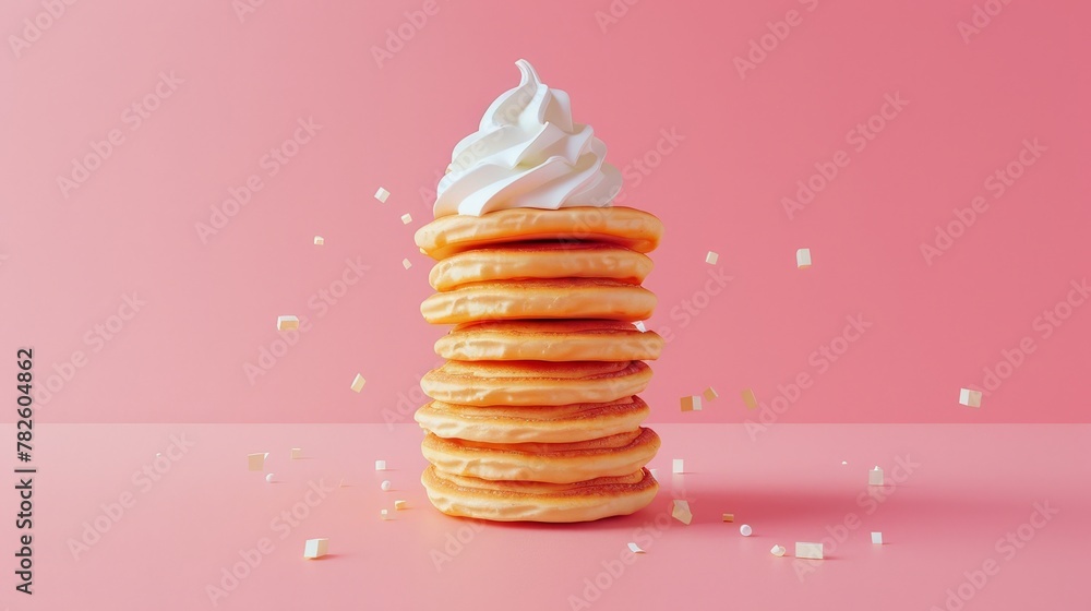 Poster a stack of pancakes with a dollop of whipped cream d style isolated flying objects memphis style d r