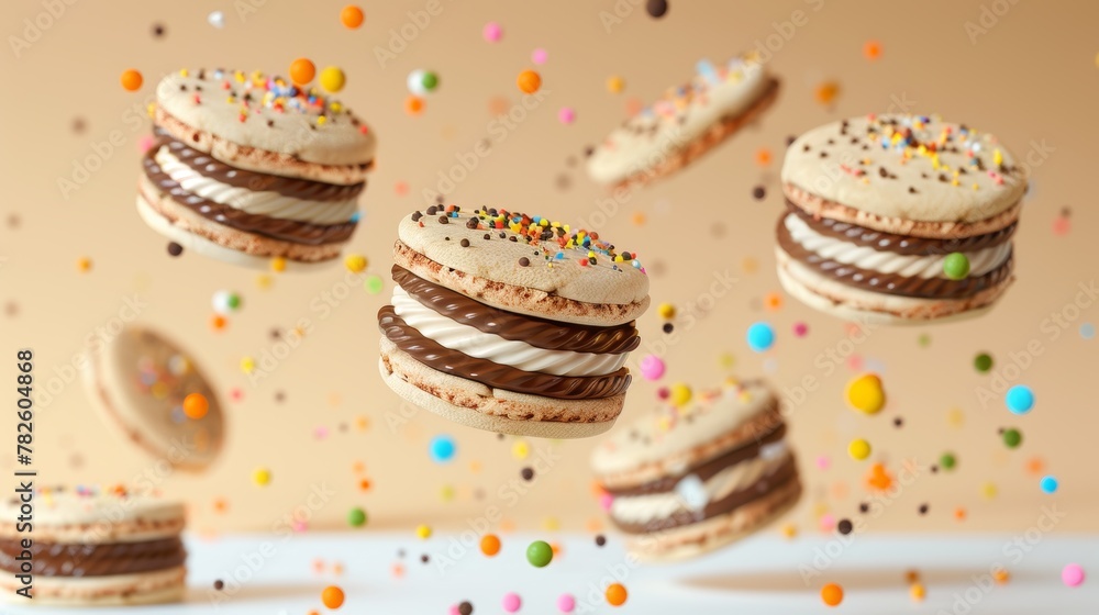 Poster a spread of assorted cookie sandwiches d style isolated flying objects memphis style d render ai gen