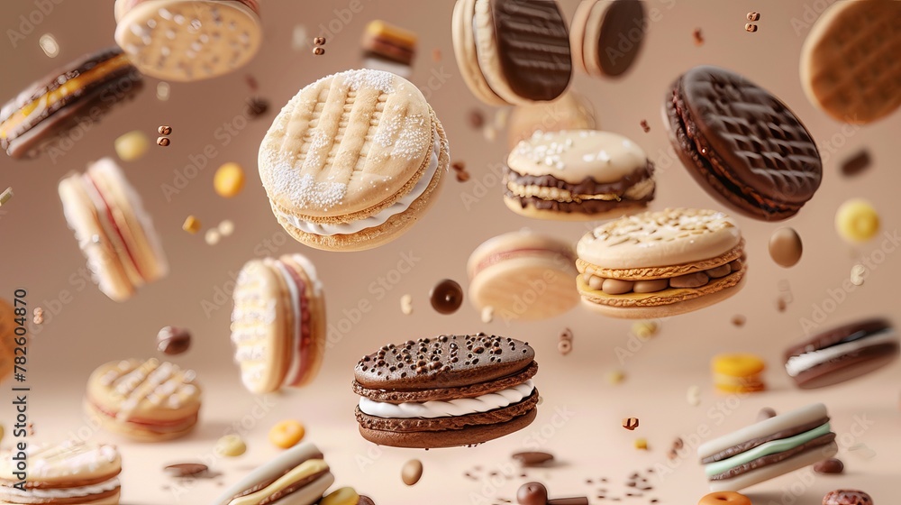 Poster a spread of assorted cookie sandwiches d style isolated flying objects memphis style d render ai gen